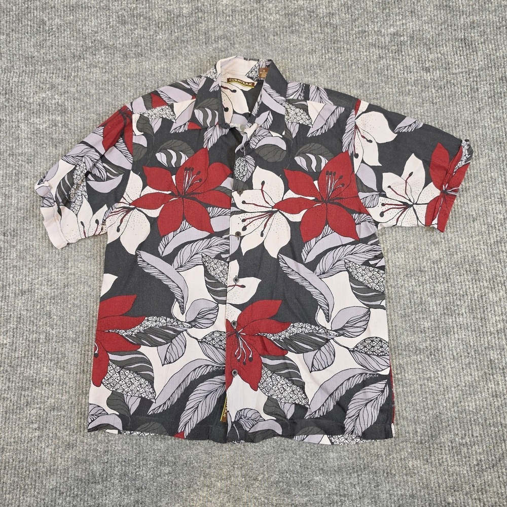 Cubavera Hawaiian Button Up Red Camp Shirt Floral 100% Viscose Relaxed Mens Sz L